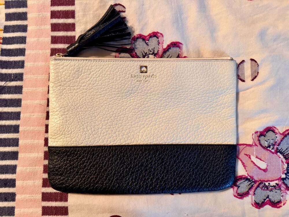 Kate Spade Colorblock Pebbled Leather Tassel Clutch Wristlet Quiet Luxury Chic